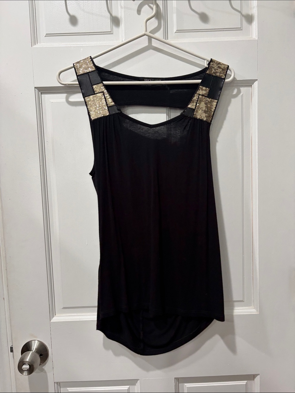 Black Tank with Gold Sequin Shoulder Panels